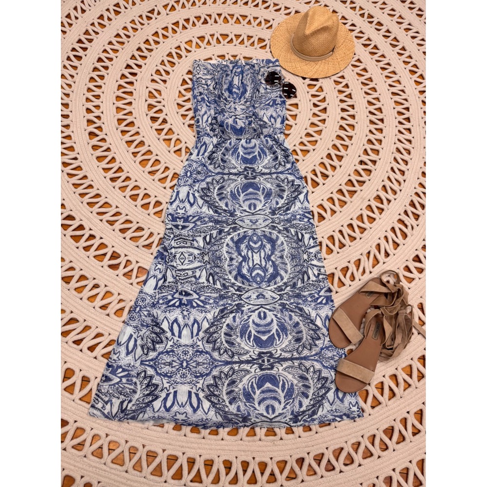 Cynthia Rowley Blue White Paisley‎ Strapless Maxi Dress Sz S